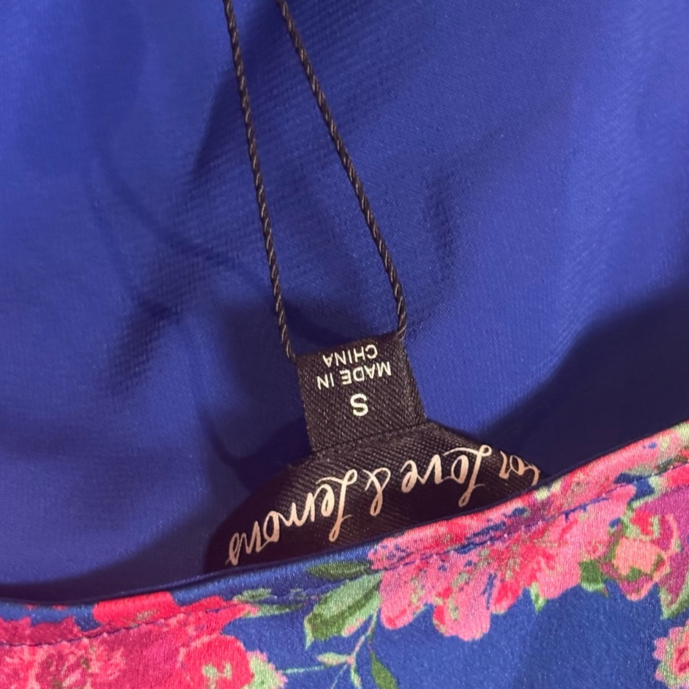 For Love & Lemons NWT Annie Ruched Satin Midi Dress in Cobalt/Pink Floral Small - Picture 8 of 9